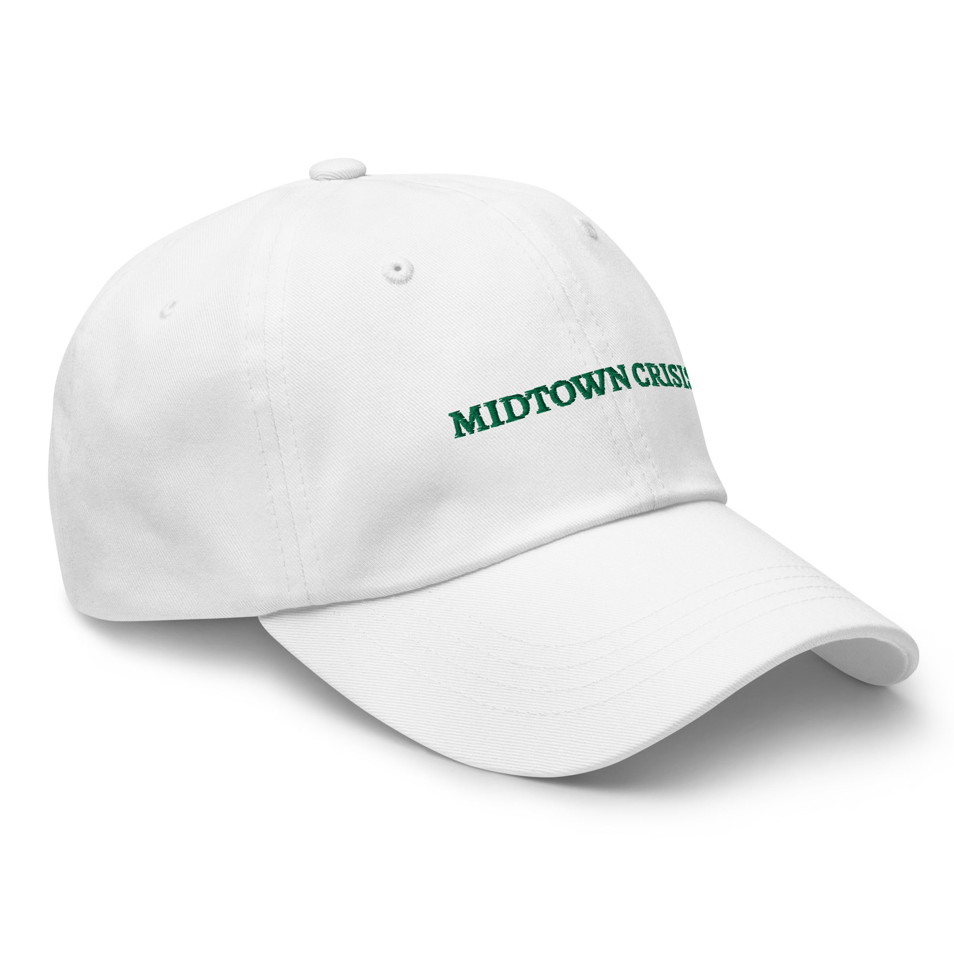 streetwear midtown crisis new york white baseball hat green embroidered right front