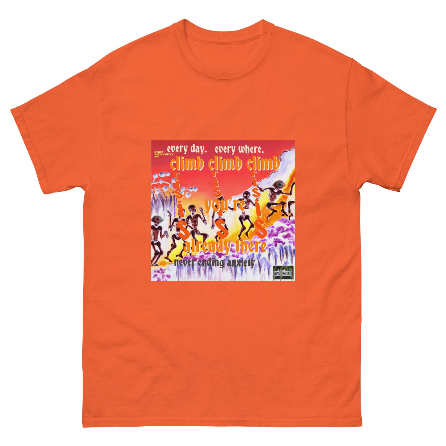 streetwear midtown crisis new york climb orange tshirt printed front