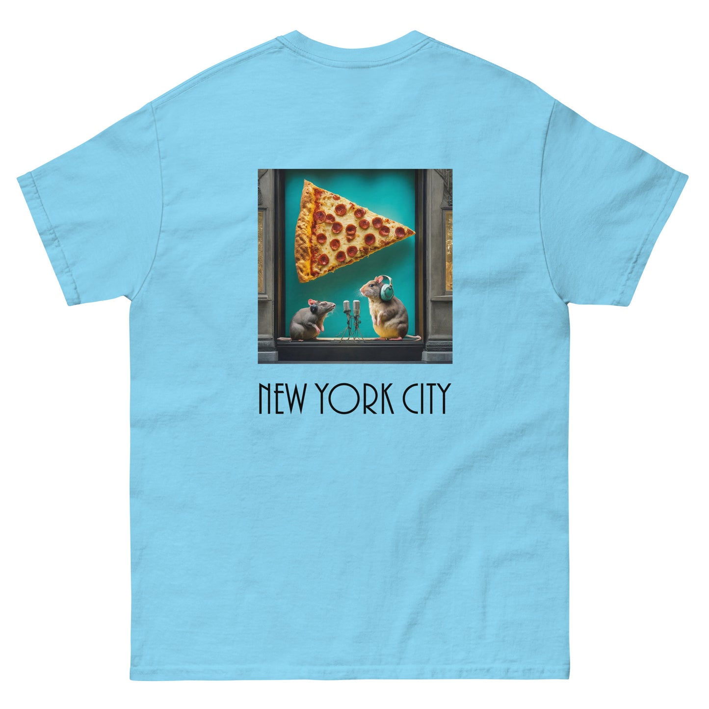 new york city streetwear pink t-shirt tshirt rat pizza podcast fashion tiffany blue luxury ai art midtown crisis elevated tourist merch