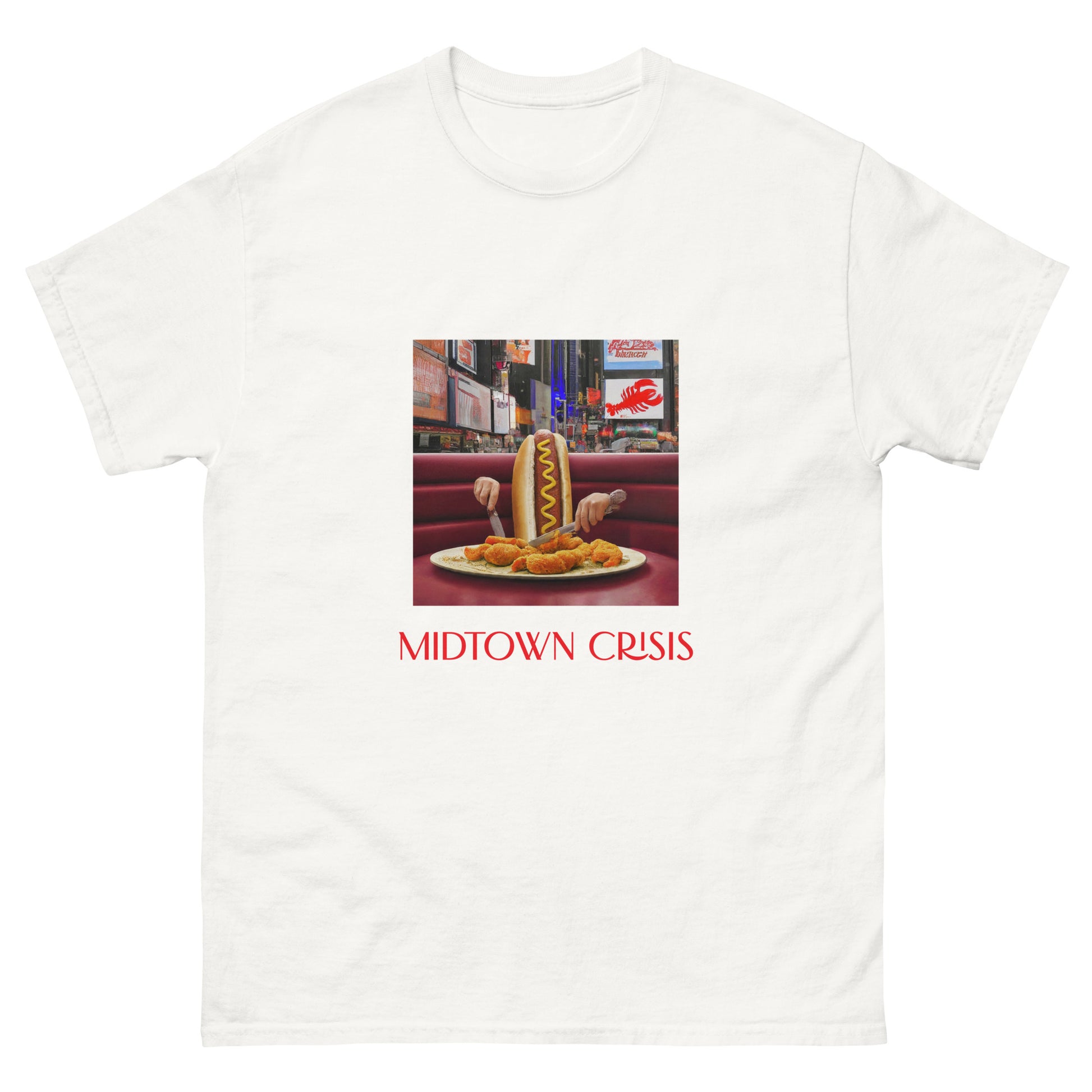 new york city streetwear times square ai art hot dog tourist white t-shirt tshirt midtown crisis elevated tourist merch