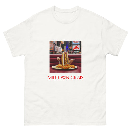 new york city streetwear times square ai art hot dog tourist white t-shirt tshirt midtown crisis elevated tourist merch